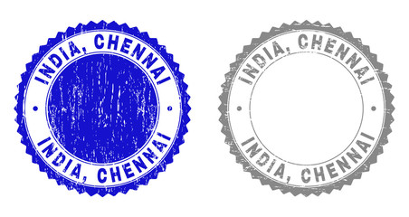 Grunge INDIA, CHENNAI stamp seals isolated on a white background. Rosette seals with grunge texture in blue and gray colors. Vector rubber stamp imprint of INDIA, CHENNAI label inside round rosette.