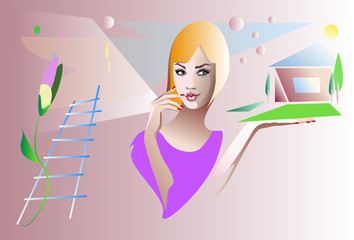 Abstract vector illustration of a woman planning to build a house, buying a home, mortgage