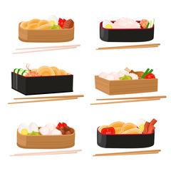 Vector set of japanese bento box isolated on white. Traditional asian food.