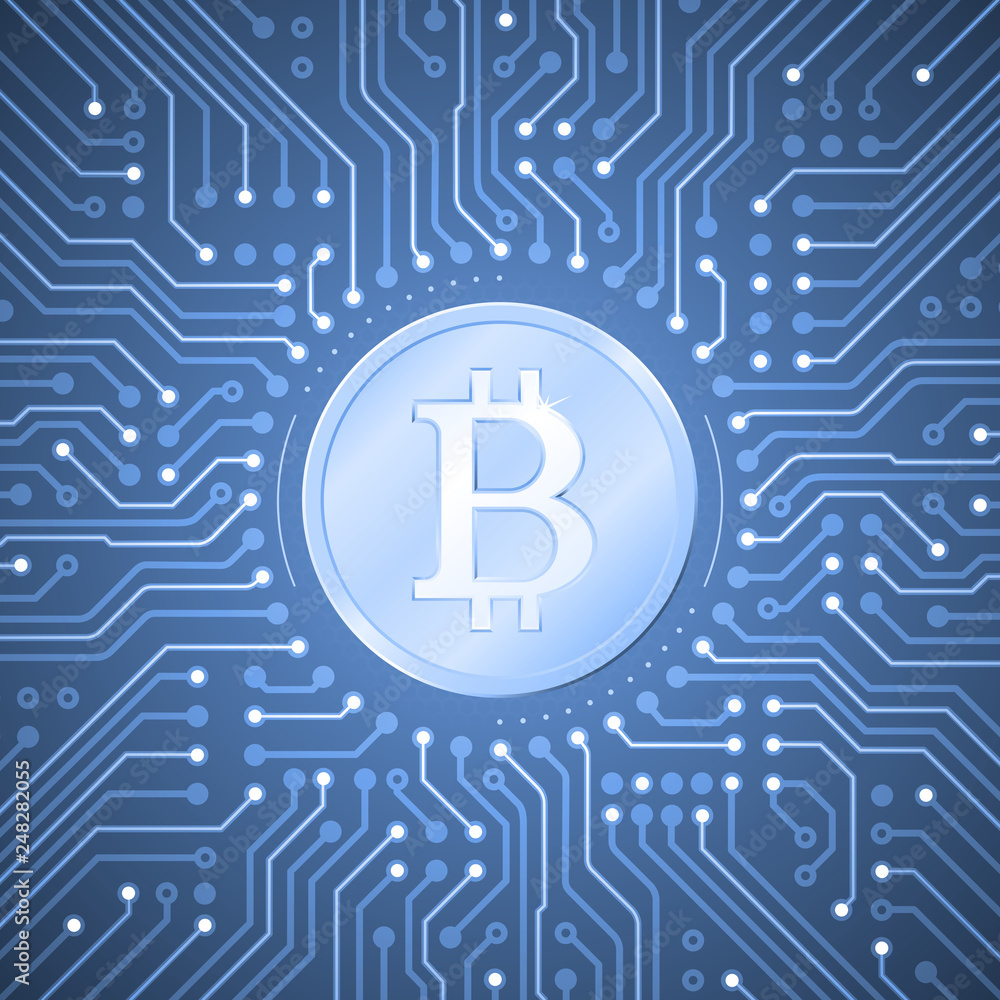 Aufkleber bitcoin crypto-currency. a metallic coin with the bitcoin symbol on it placed in the center of a pcb
