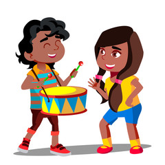 Afro American Boy Playing Drum Next To Dancing Afro American Girl Vector. Isolated Illustration