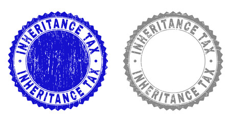Grunge INHERITANCE TAX stamp seals isolated on a white background. Rosette seals with grunge texture in blue and grey colors. Vector rubber overlay of INHERITANCE TAX title inside round rosette.
