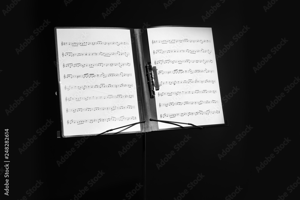 Wall mural Note stand with music sheets on black background