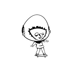 bighead trying skating. hand drawn vector monochrome outline cartoon character illustration with white background