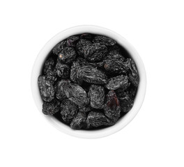 Bowl with raisins on white background, top view. Healthy dried fruit