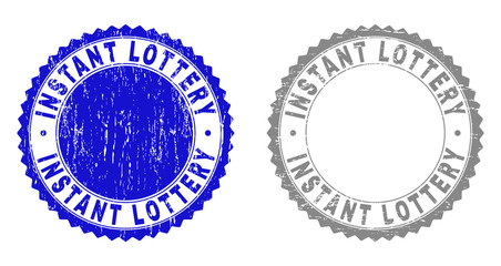 Grunge INSTANT LOTTERY stamp seals isolated on a white background. Rosette seals with grunge texture in blue and gray colors.