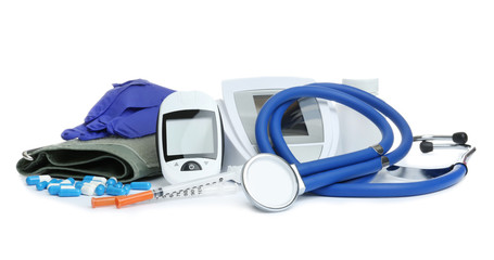 Different medical objects on white background. Health care