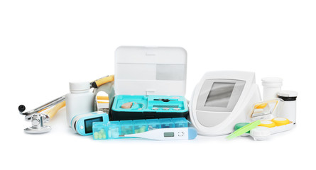 Different medical objects on white background. Health care