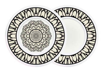 Matching decorative plates for interior designwith floral art deco pattern. Empty dish, porcelain plate mock up design. Vector illustration. White, grey color