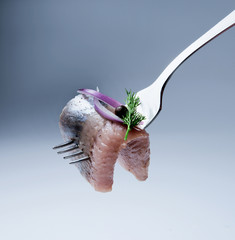 A piece of fresh herring on a fork decorated with a sprig of dill, red onions and sweet peas. Blue...