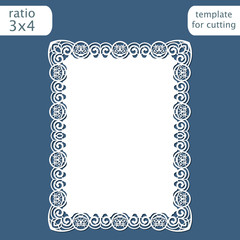 Laser cut wedding invitation card template with openwork border.  Cut out the paper card with lace pattern.  Greeting card template for cutting plotter. Vector.