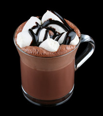 Cocoa with marshmallow and chocolate syrup in a Cup on a dark background