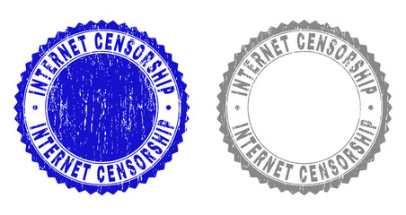 Grunge INTERNET CENSORSHIP stamp seals isolated on a white background. Rosette seals with grunge texture in blue and gray colors.