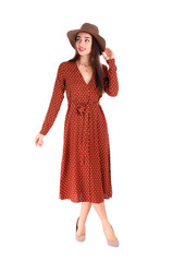 Portrait of beautiful young woman in stylish dress on white background