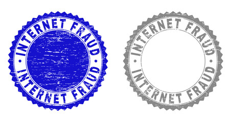 Grunge INTERNET FRAUD stamp seals isolated on a white background. Rosette seals with grunge texture in blue and grey colors. Vector rubber stamp imitation of INTERNET FRAUD title inside round rosette.