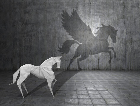 Concept of hidden potential. A paper figure of a horse that fills the shadow of a pegasus. 3D illustration