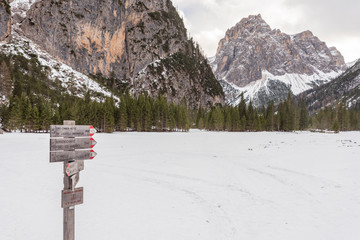 Dolomites. Winter between ice and snow. Tre Scarperi Refuge. On the way to the Tre Cime di Lavaredo