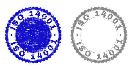 Grunge ISO 14001 stamp seals isolated on a white background. Rosette seals with grunge texture in blue and gray colors. Vector rubber stamp imitation of ISO 14001 label inside round rosette.