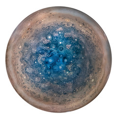 Jupiter’s south pole. Full disk of planet Jupiter globe from space isolated on white background....
