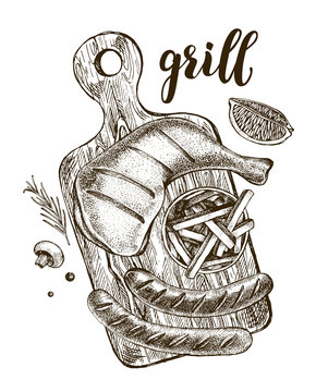 Grilled chicken leg and sausages with french fries potato on a wooden cutting board. Ink hand drawn Vector illustration with brush calligraphy style lettering. Food element for menu design.