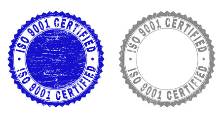 Grunge ISO 9001 CERTIFIED stamp seals isolated on a white background. Rosette seals with grunge texture in blue and gray colors. Vector rubber overlay of ISO 9001 CERTIFIED text inside round rosette.