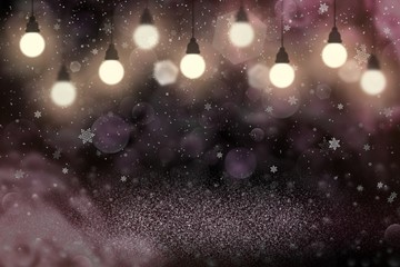 beautiful shiny glitter lights defocused bokeh abstract background with light bulbs and falling snow flakes fly, festal mockup texture with blank space for your content