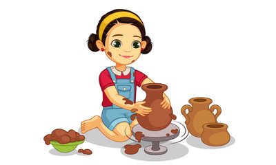 Cute little girl making pottery on wheel