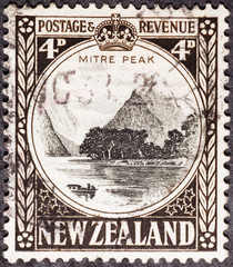 Mitre peak on vintage New Zealand postage stamp