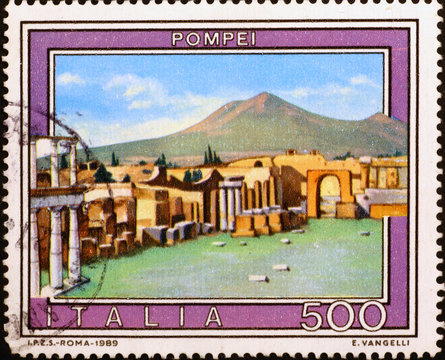 Ruins of Pompei on old italian stamp