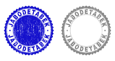 Grunge JABODETABEK stamp seals isolated on a white background. Rosette seals with grunge texture in blue and grey colors. Vector rubber stamp imprint of JABODETABEK caption inside round rosette.