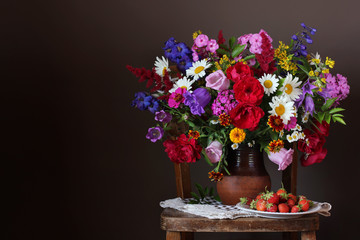 bright lush bouquet of garden flowers. empty space for your text.