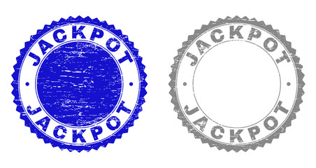 Obraz premium Grunge JACKPOT stamp seals isolated on a white background. Rosette seals with grunge texture in blue and gray colors. Vector rubber stamp imprint of JACKPOT tag inside round rosette.