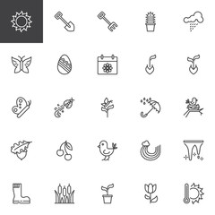 Spring season line icons set. linear style symbols collection, outline signs pack. vector graphics. Set includes icons as Sun, Shovel,  Rake, Butterfly, Easter Egg, Sprout seedling, Ladybug, Nest