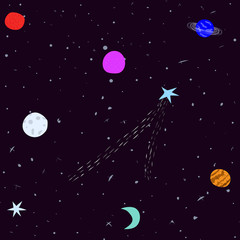 Obraz na płótnie Canvas Universe Space Planet Star astronaut seamless pattern moon rainbow travel cosmos astronomy graphic design typography element. Hand written postcard. Cute simple vector paper cutout collage - Vector