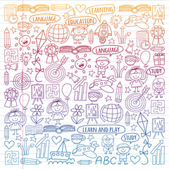Vector set of learning English language, children's drawingicons in doodle style. Painted, colorful, gradient on a piece of linear paper on white background.