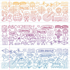 Vector set of learning English language, children's drawingicons in doodle style. Painted, colorful, gradient on a piece of linear paper on white background.