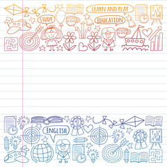 Vector set of learning English language, children's drawingicons in doodle style. Painted, colorful, gradient on a piece of linear paper on white background.