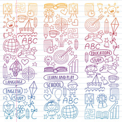 Fototapeta na wymiar Vector set of learning English language, children's drawingicons in doodle style. Painted, colorful, gradient on a piece of linear paper on white background.