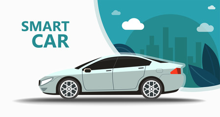 Popular car on the background of the city and trees. Web site template concept on white background - vector