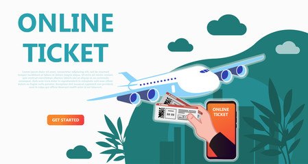 Online travel store, online ticket booking. Buying air tickets from home using your phone, tablet, computer. E-shopping concept. Use for landing page, template, ui, web, mobile app, poster, banner
