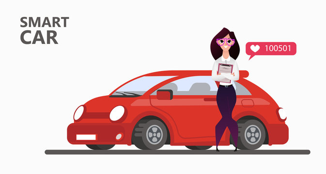Popular red car on a white background. Happy woman and the new red smart car. Concept of likes in social networks to buy a car - vector