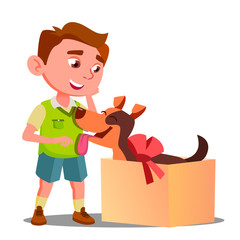 Happy Little Boy Takes Out Of Gift Box A Dog Vector. Isolated Illustration