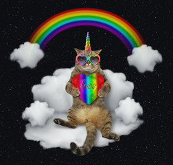 Fototapeta premium The cat unicorn in sunglasses with a color heart is sitting on the cloud like a sofa. The rainbow is behind him. Stars background.