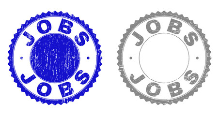 Grunge JOBS watermarks isolated on a white background. Rosette seals with grunge texture in blue and gray colors. Vector rubber stamp imprint of JOBS caption inside round rosette.