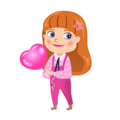 Red-haired girl  with big pink balloon.