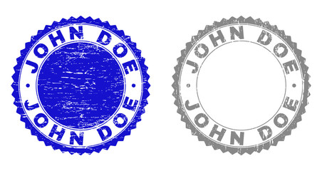 Grunge JOHN DOE stamp seals isolated on a white background. Rosette seals with grunge texture in blue and grey colors. Vector rubber stamp imitation of JOHN DOE label inside round rosette.