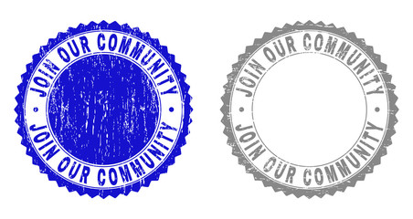 Grunge JOIN OUR COMMUNITY stamp seals isolated on a white background. Rosette seals with grunge texture in blue and grey colors.