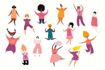 Obraz na płótnie Canvas Big set of diverse dancing women. Isolated objects on white background. Hand drawn vector illustration. Flat style design. Concept, element for feminism, girl power, womens day card, poster, banner.