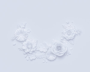 White spring background decorated with artificial paper flowers and leaves. 3d rendering
