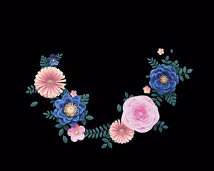 Wreath decorated with artificial paper flowers and leaves, wedding greeting card design element, isolated on black mask background. 3d rendering